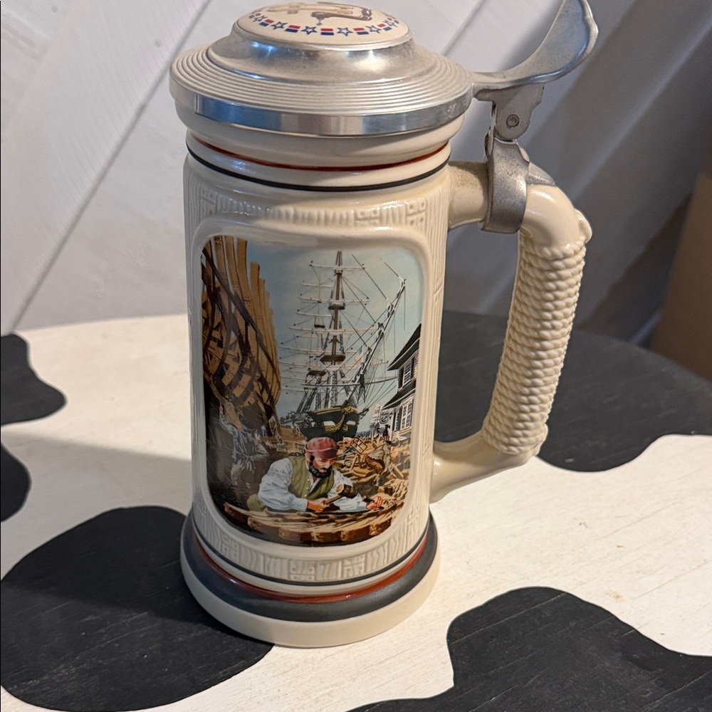 Vintage Ceramic Beer Stein with Nautical Scene